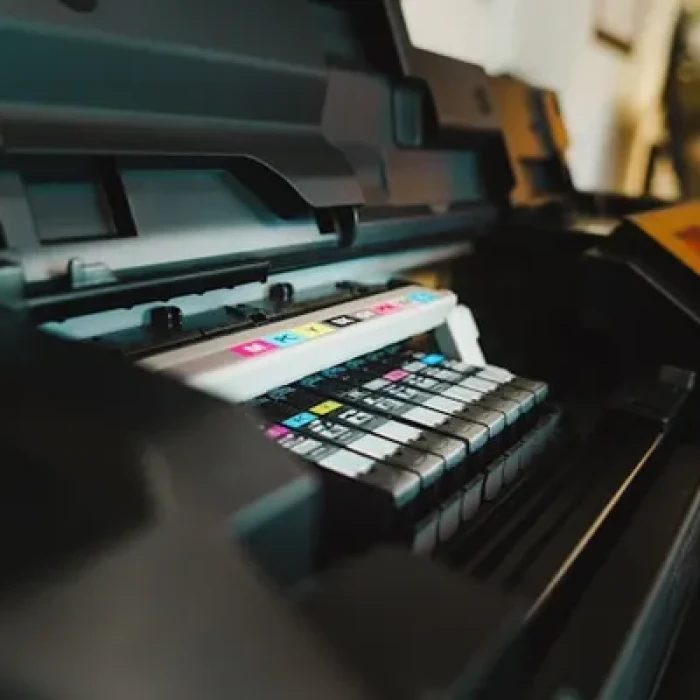 Modern East London print studio with flyers, brochures and booklets displayed on clean counters
