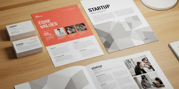 Printed startup materials including business cards, flyers and booklets laid out on a minimalist office desk