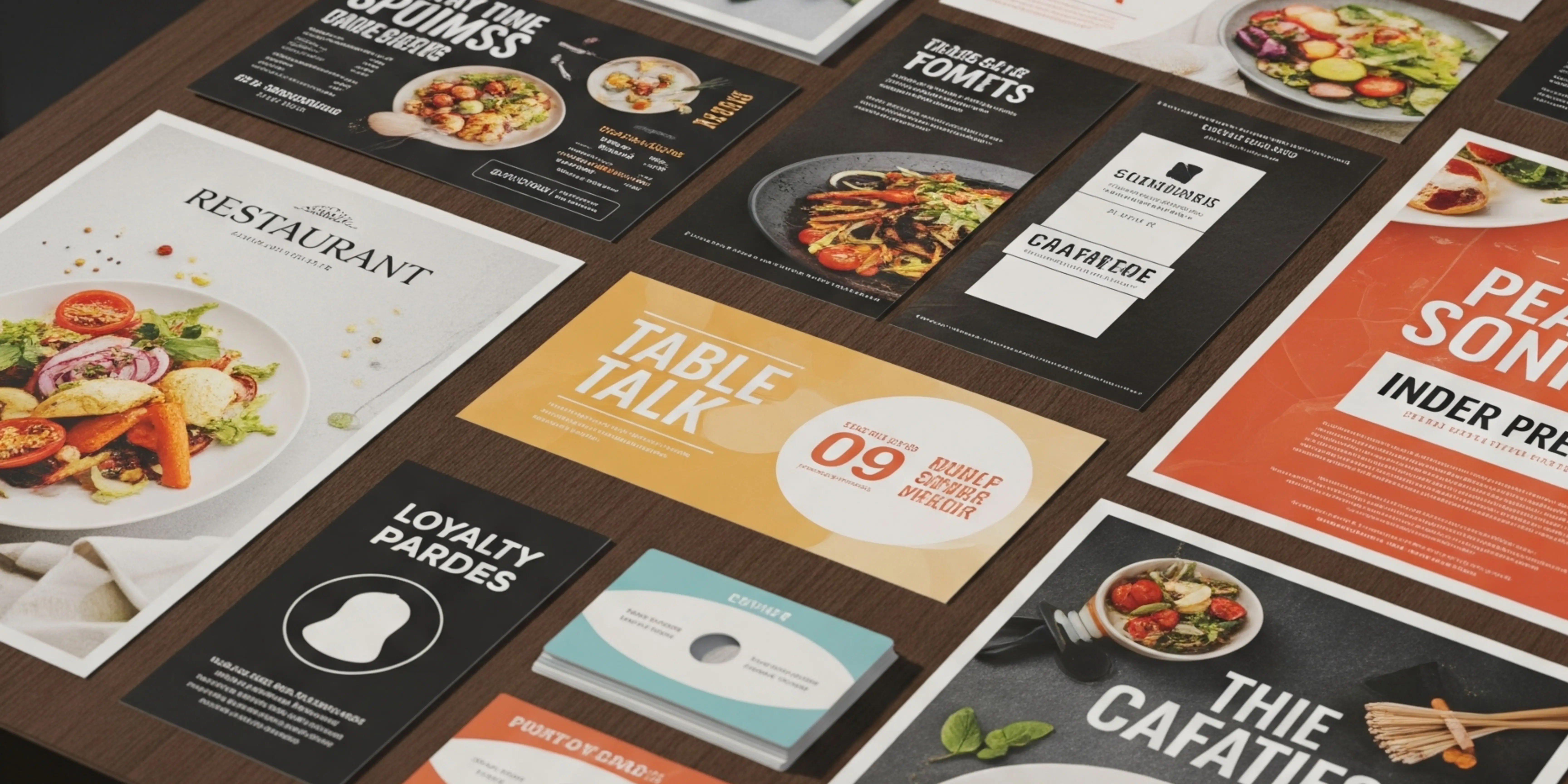 A collection of printed restaurant materials including menus, table talkers, loyalty cards and posters arranged on a wooden table