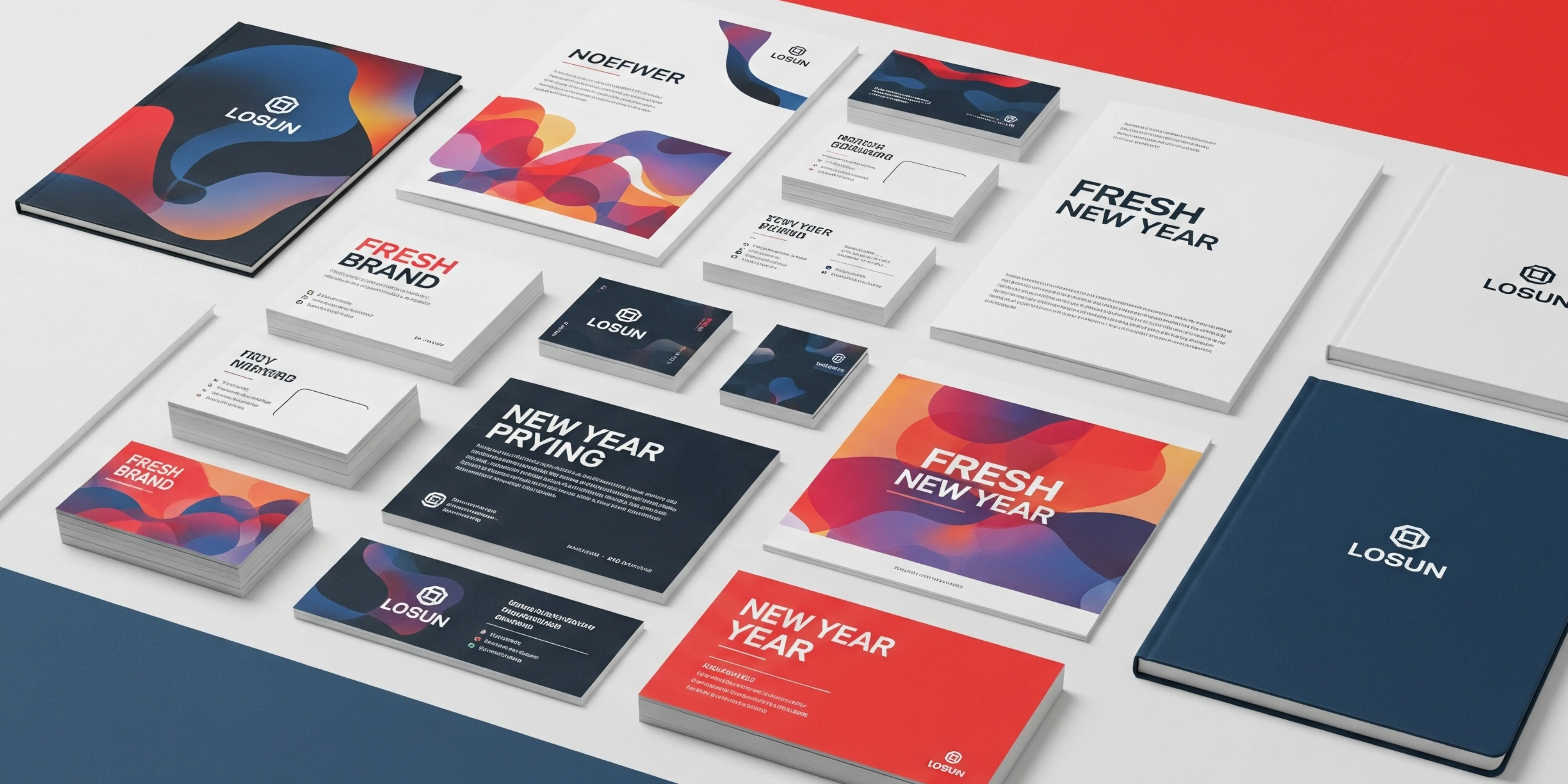 Flat lay of modern printed business cards, flyers, folded leaflets and branded notebooks for New Year brand refresh